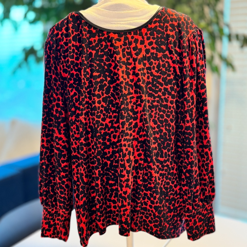 Cleo Petites Top XL - Red & Black Animal Print w/ Faux Leather Trim Long Sleeve